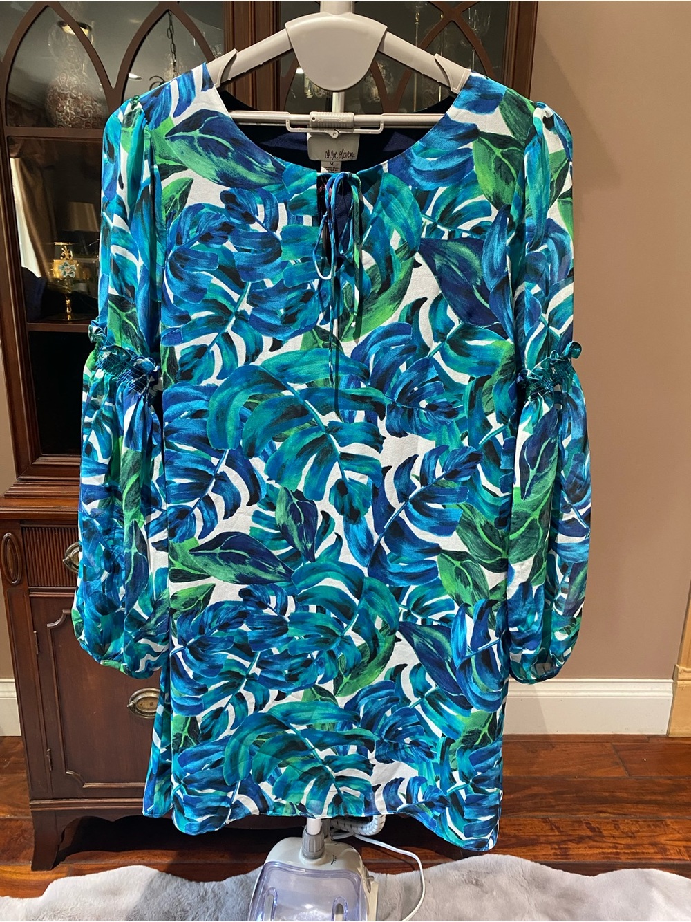 Anthropologie Blue & Green Tropical Tie-Neck Long Sleeve Dress